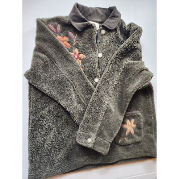 Teddi Floral Embroidered Sherpa Fleece Jacket Women Large Cozy Fall Cottagecore - Picture 15 of 15